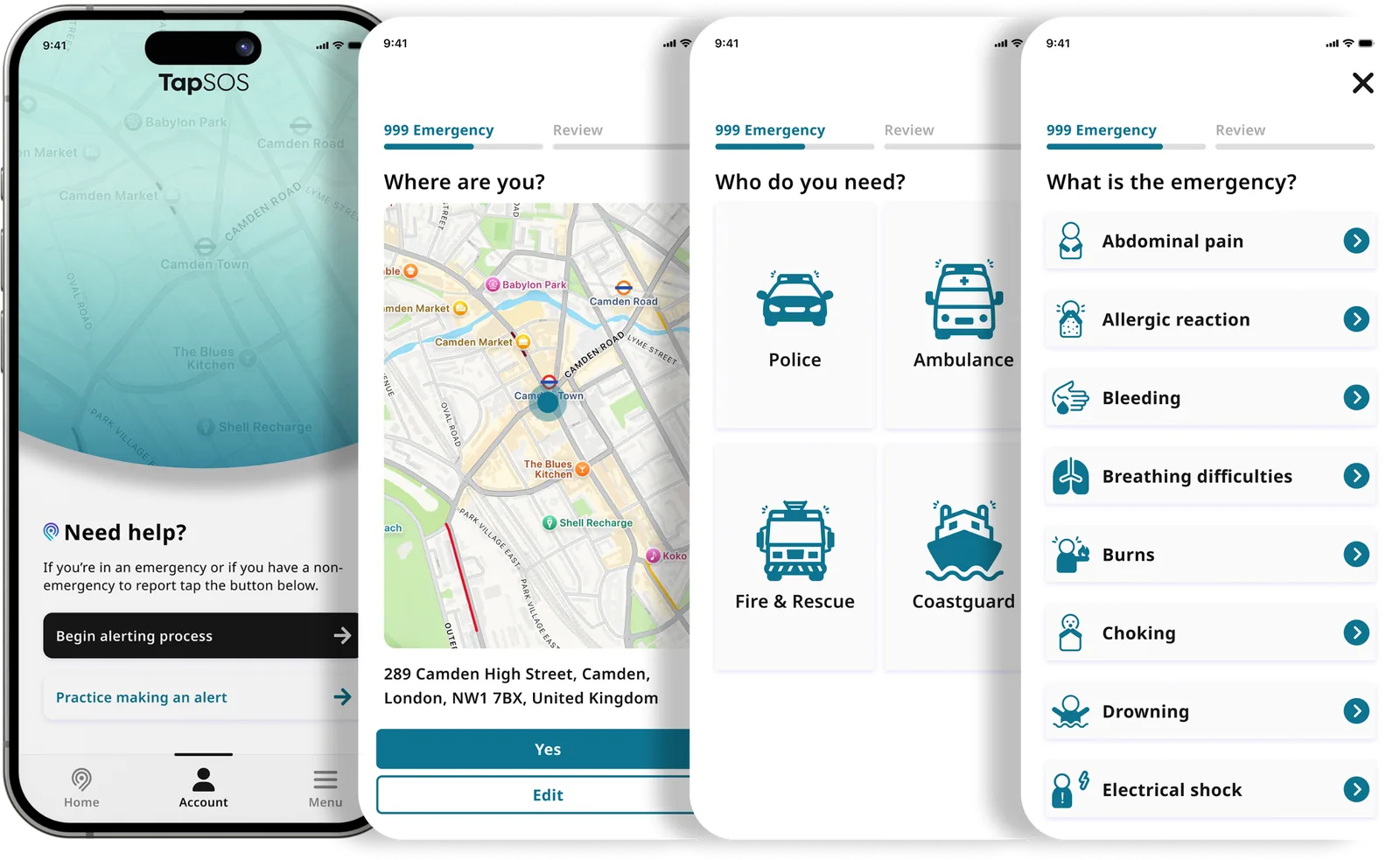 Four TapSOS app screens. The home screen with a Begin alerting process button, then Where are you? with a map, Who do you need? with Police, Ambulance, Fire and Rescue and Coastguard, and What is the emergency? with a list of options.